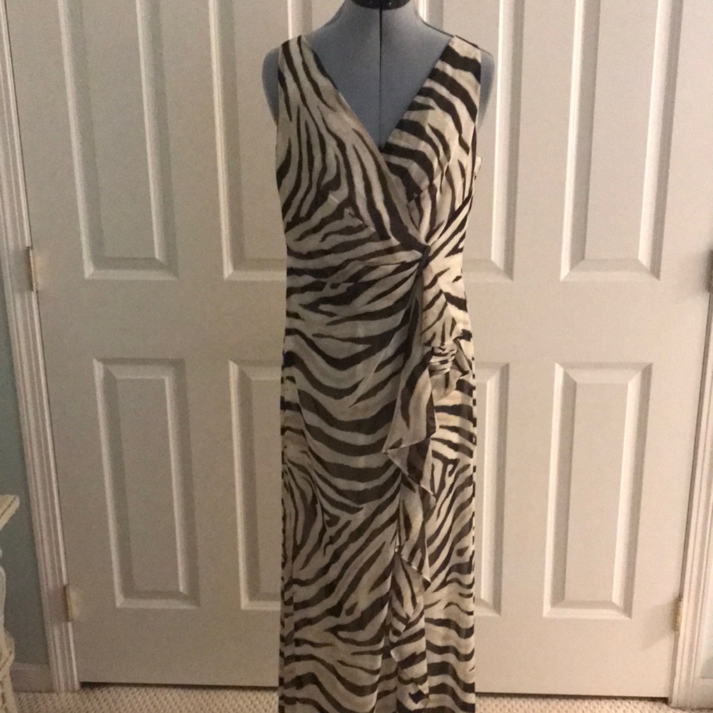 Lauren Ralph Lauren Sleeveless Zebra Print V-Neck Maxi Dress Ivory Tan Brown 8